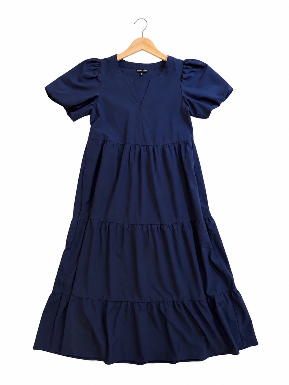 Modern Works Navy Blue Tiered Midi Dress Puff Sleeve V-Neck Cottagecore Size XS